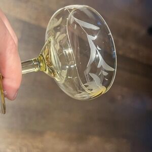 Set 7 Antique Yellow Lancaster Etched‎ Optic Topaz Lily Champagne Coupe - 3.5"h